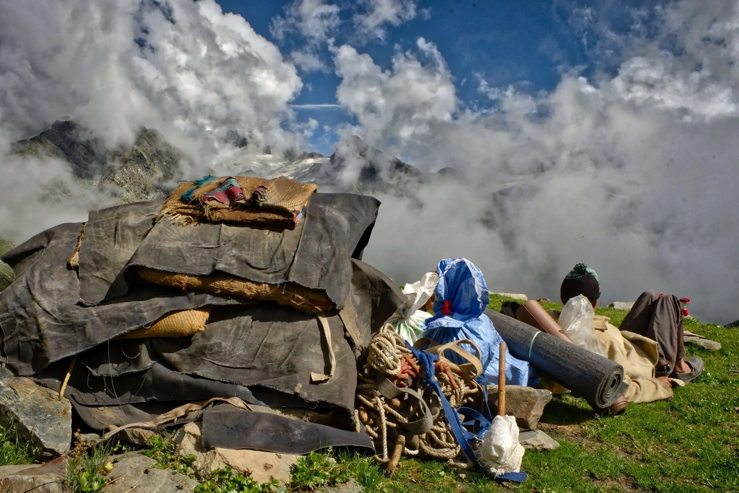 afternoon mist at the base of Thamsar Pass, Bada Bhangal Trek, Himachal Pradesh, India